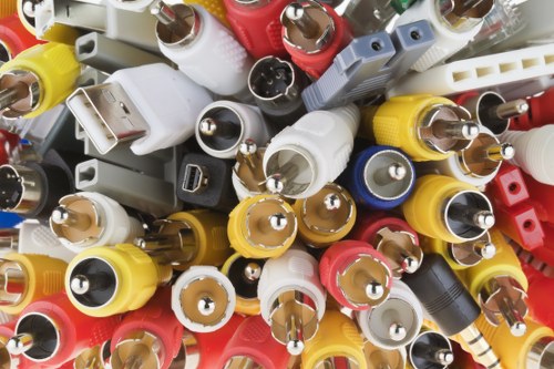 A large pile of discarded electronic power supplies and adapters with various plug types, mostly in white, black, yellow, red, and gray plastic casings, and with some metal prongs visible. The adapters are stacked in a disorderly manner, with many overlapping each other, and they occupy most of the image space. The background shows a hint of gray surface, suggesting the items are placed on a table or work surface, possibly in a warehouse or storage area near Hackney. The textures range from smooth plastic to metallic prongs, with a mix of matte and glossy finishes. The image focuses on the collection of electronic waste items, which may be targeted for proper disposal or recycling by a rubbish removal service like Commercial Waste Hackney, highlighting their capacity to handle bulky electronic waste collections in the Hackney area.